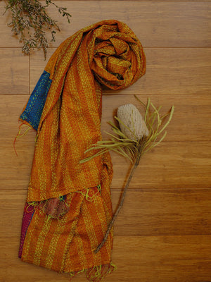 Summer Orange Kantha Silk Sari Scarf