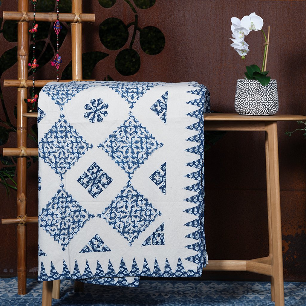 Blue Square Kantha Applique Quilt / Bedspread