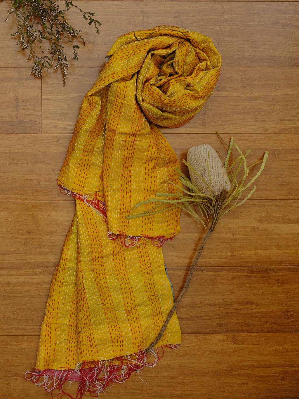 Dandelion Yellow Kantha Silk Sari Scarf