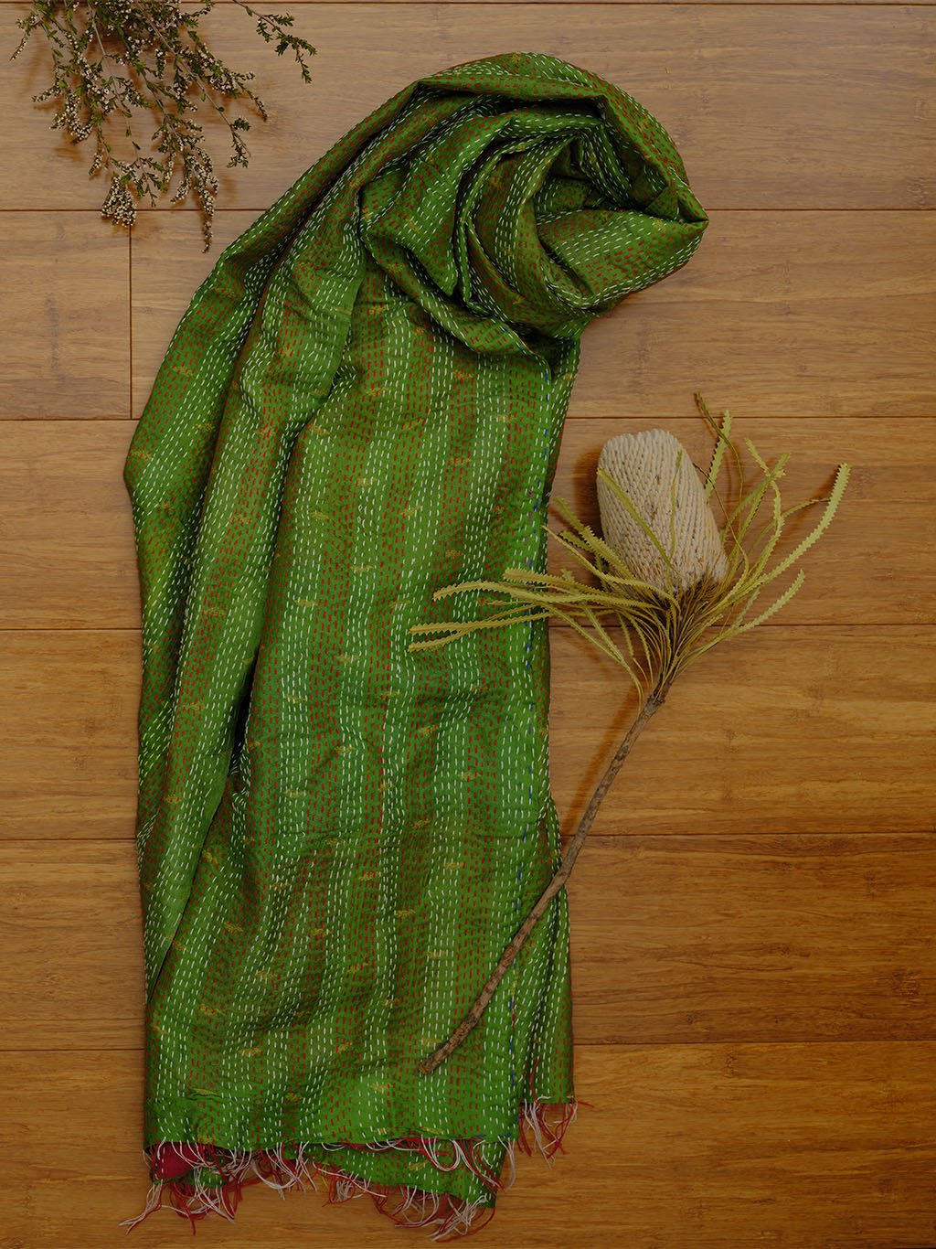 Emerald Green Kantha Silk Sari Scarf