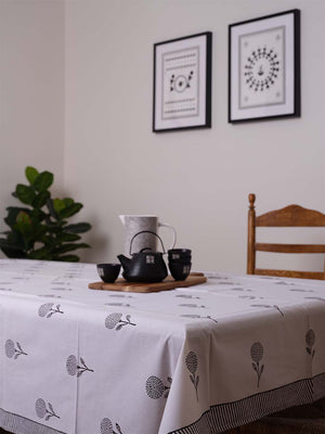 Handblock Printed pure cotton Table Cloth -Black Poppies Fits 6 to 8 seater Perfect for summer high tea parties 