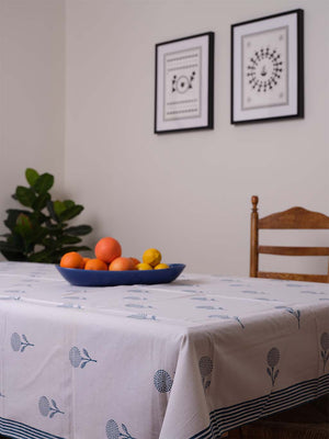 Handblock Printed Cotton Table Cloth - Hamptons Blue Poppies 6-8 seater table Perfect for Coastal or Hapmtons interiors