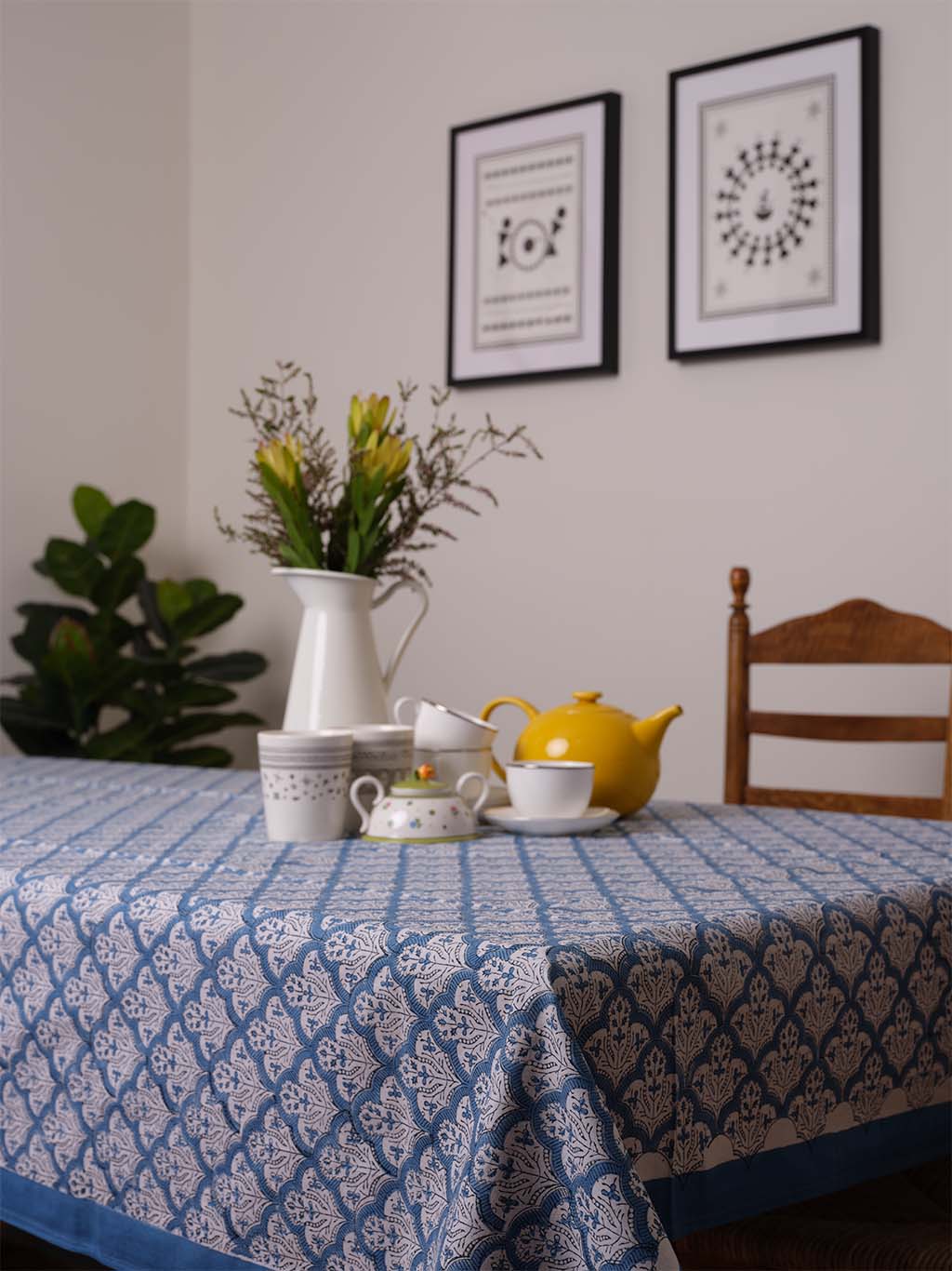 Handblock Printed Cotton Table Cloth - Hamptons Royal Blue bush 6-10 seater table Perfect for Coastal or Hapmtons interiors