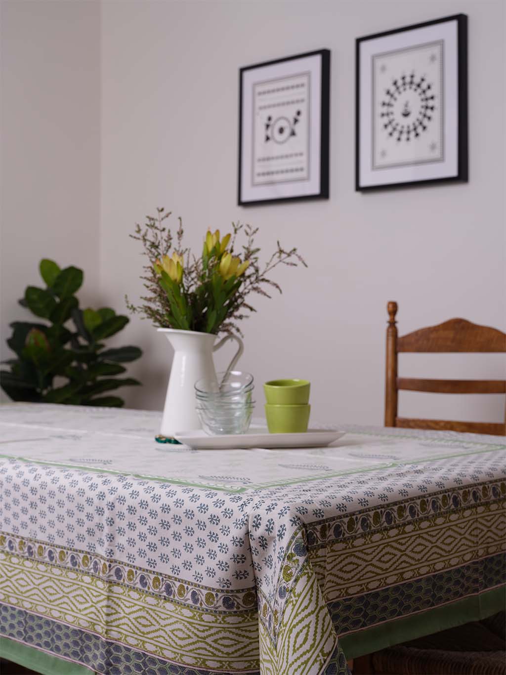 Handblock Printed canvas cotton Table Cloth - Natures Green Bliss 6-8 seater table