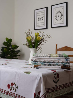 Handblock Printed pure cotton Table Cloth -Country Red Flowers Fits 6 to 8 seater Perfect for rustic / country interiors