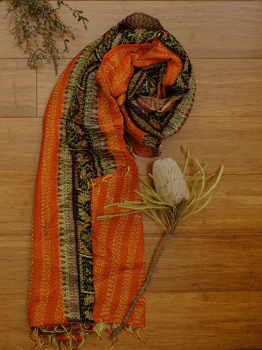 Forest Orange Kantha Silk Sari Scarf